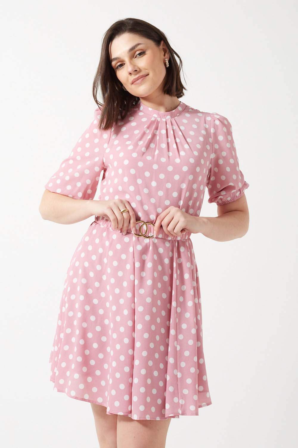 Lara Belted High Neck Polka Dotted Short Dress in Pink
