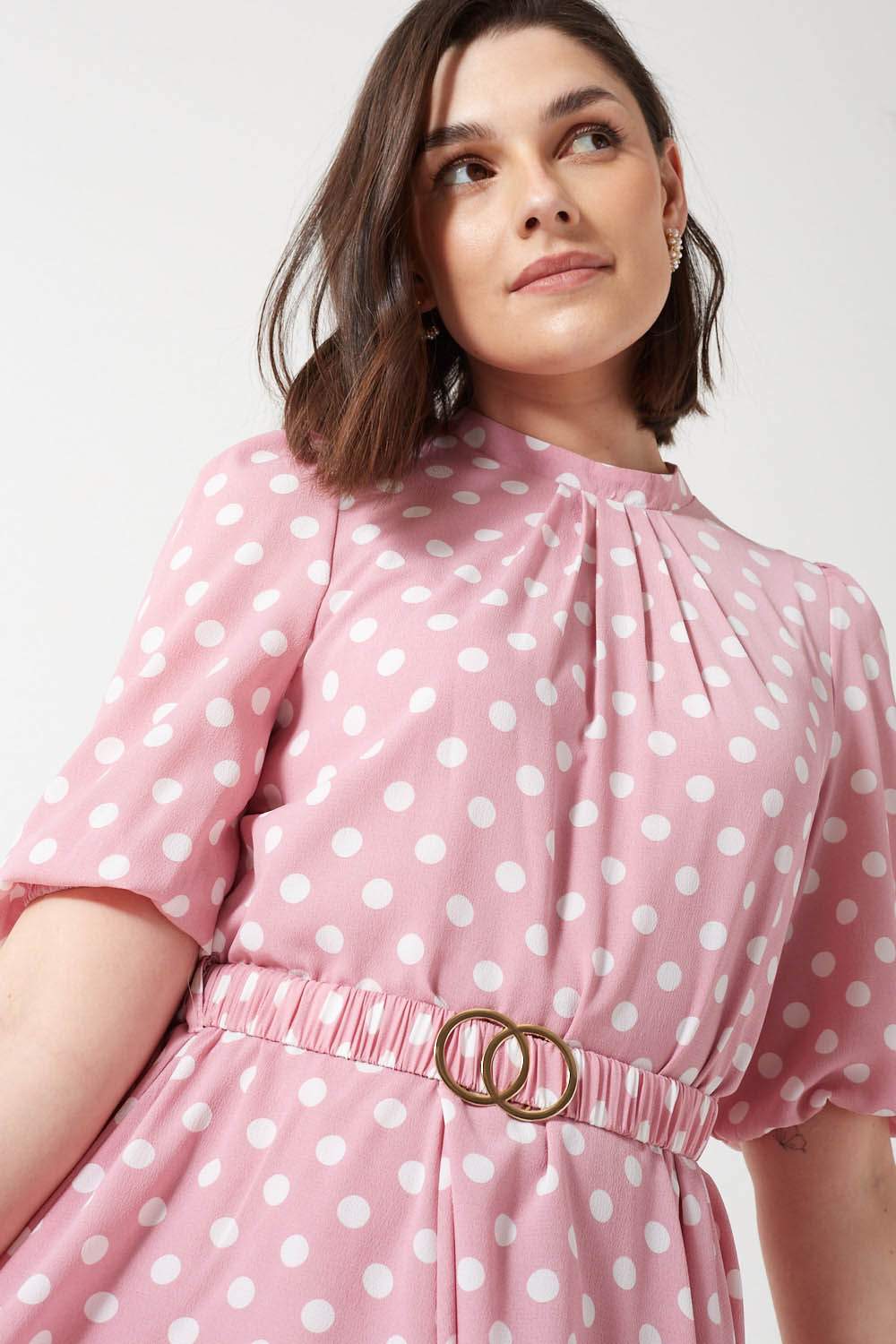 Lara Belted High Neck Polka Dotted Short Dress in Pink