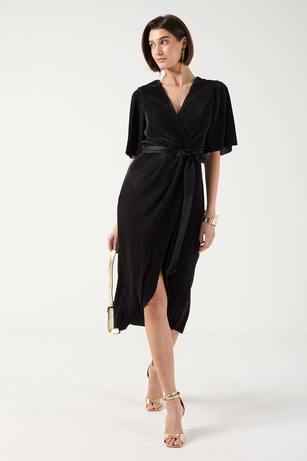 Kai Pleated Wrap Over Dress in Black