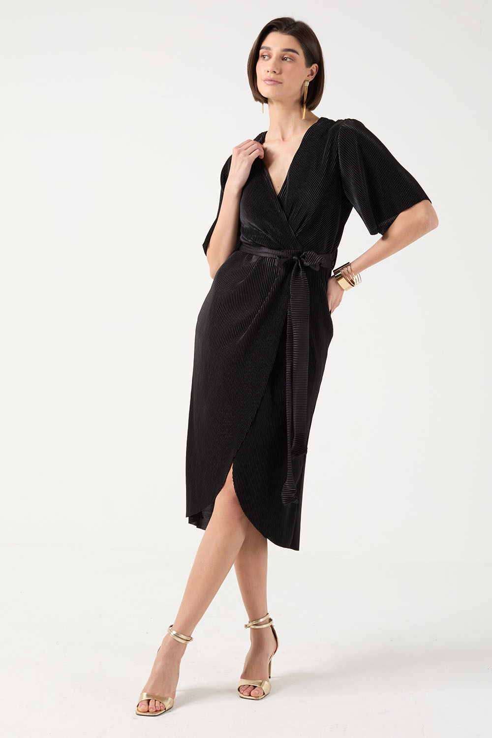 Kai Pleated Wrap Over Dress in Black