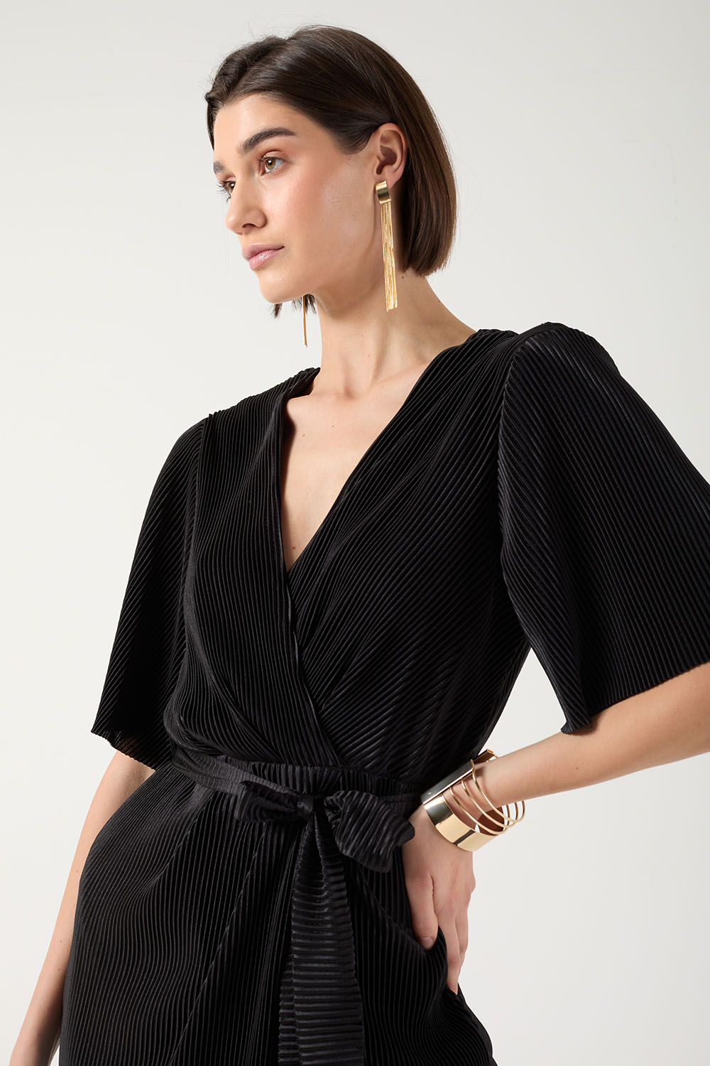 Kai Pleated Wrap Over Dress in Black