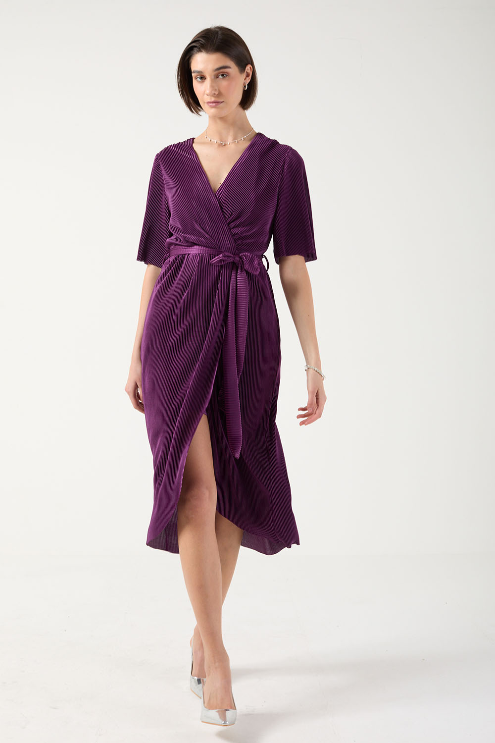 Kai Pleated Wrap Over Dress in Purple