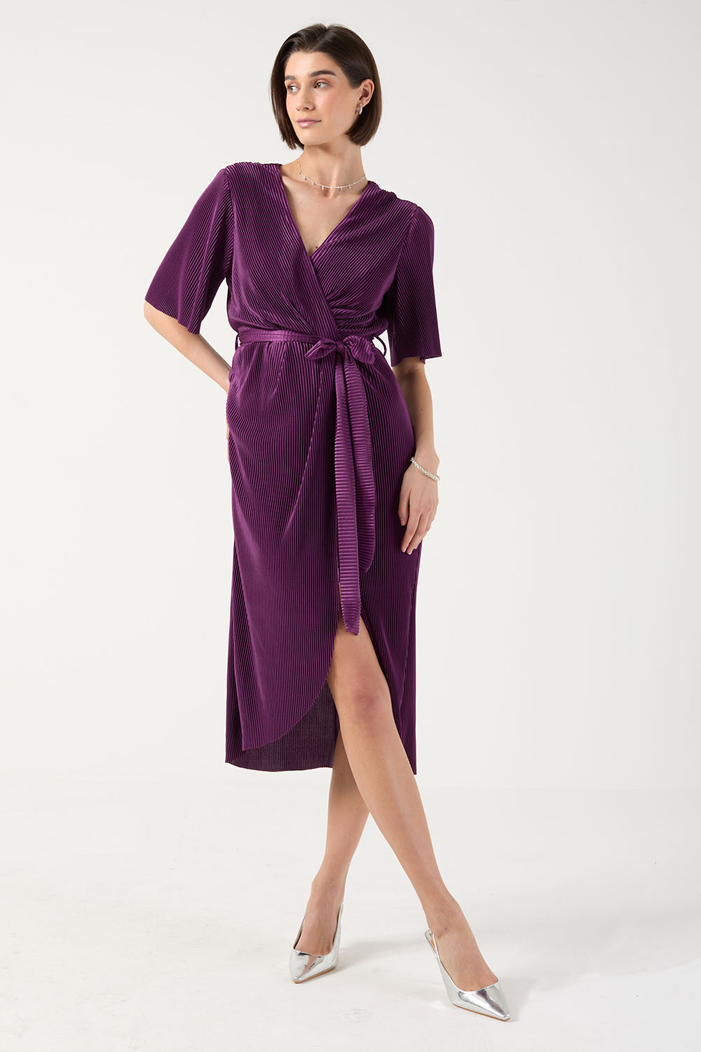 Kai Pleated Wrap Over Dress in Purple