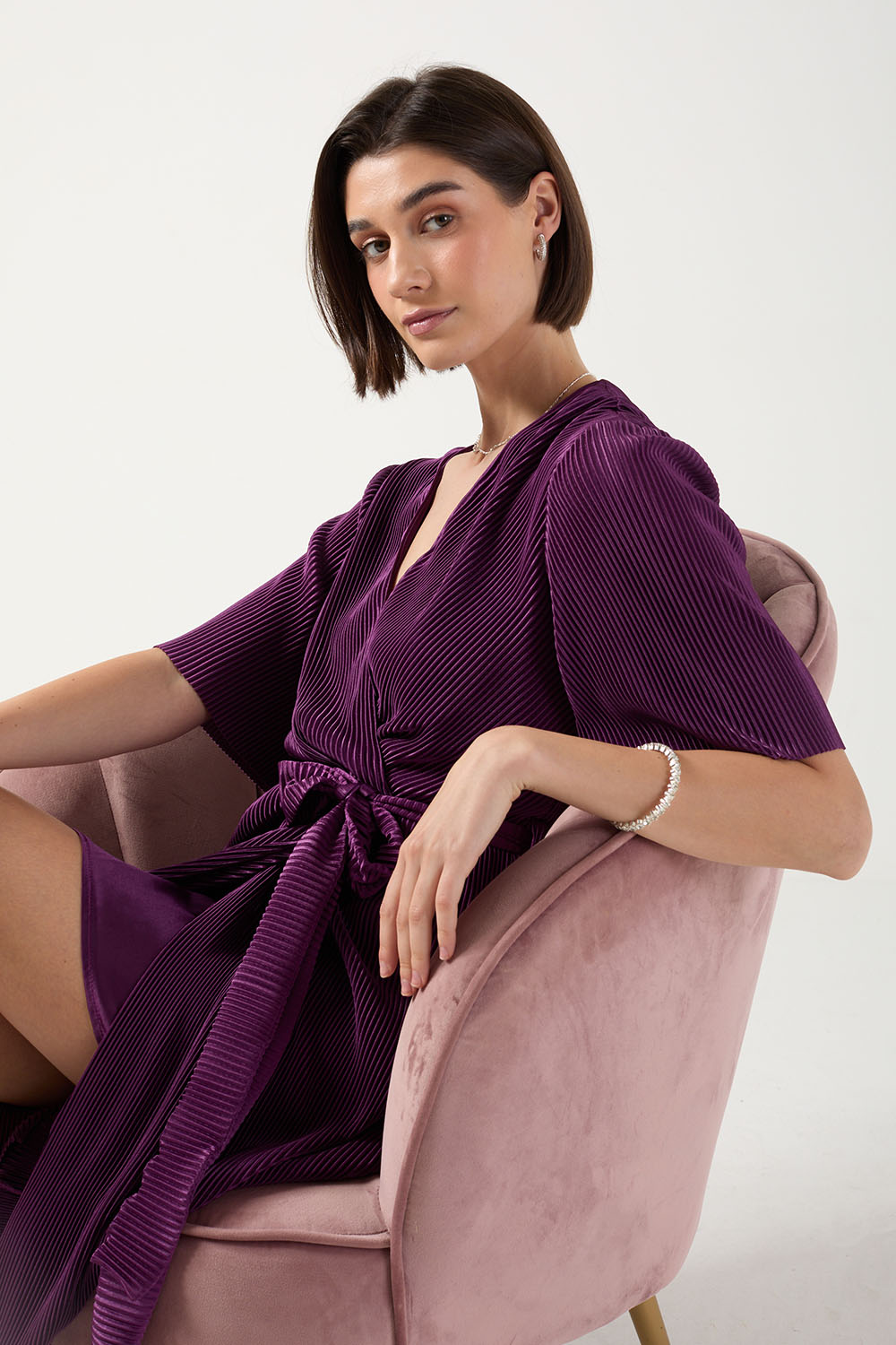 Kai Pleated Wrap Over Dress in Purple