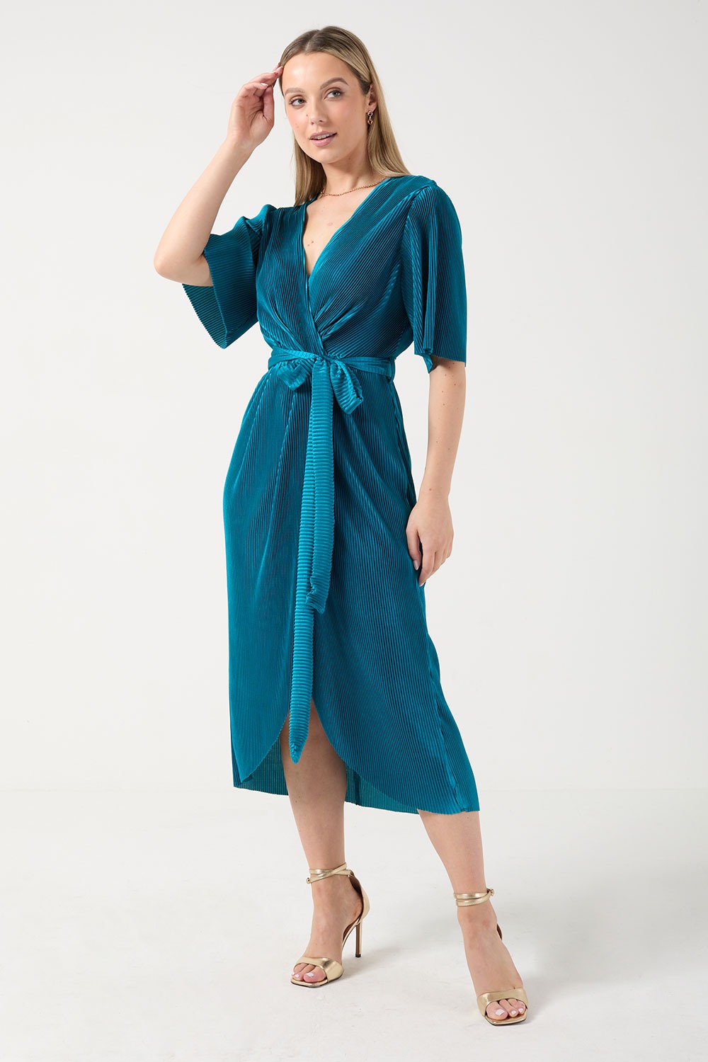 Kai Pleated Wrap Over Dress in Teal