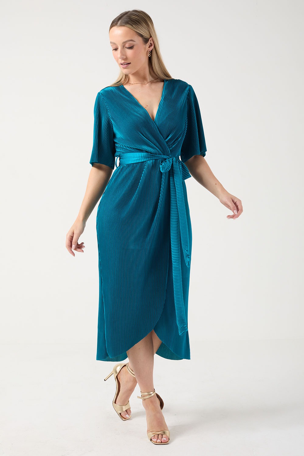 Kai Pleated Wrap Over Dress in Teal