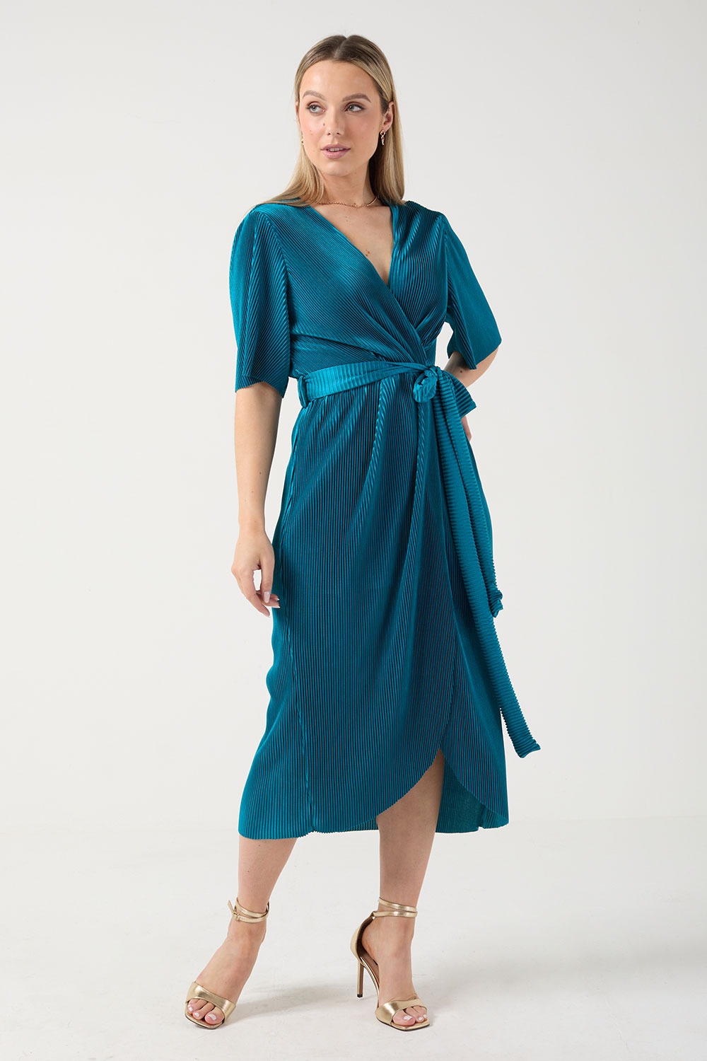Kai Pleated Wrap Over Dress in Teal