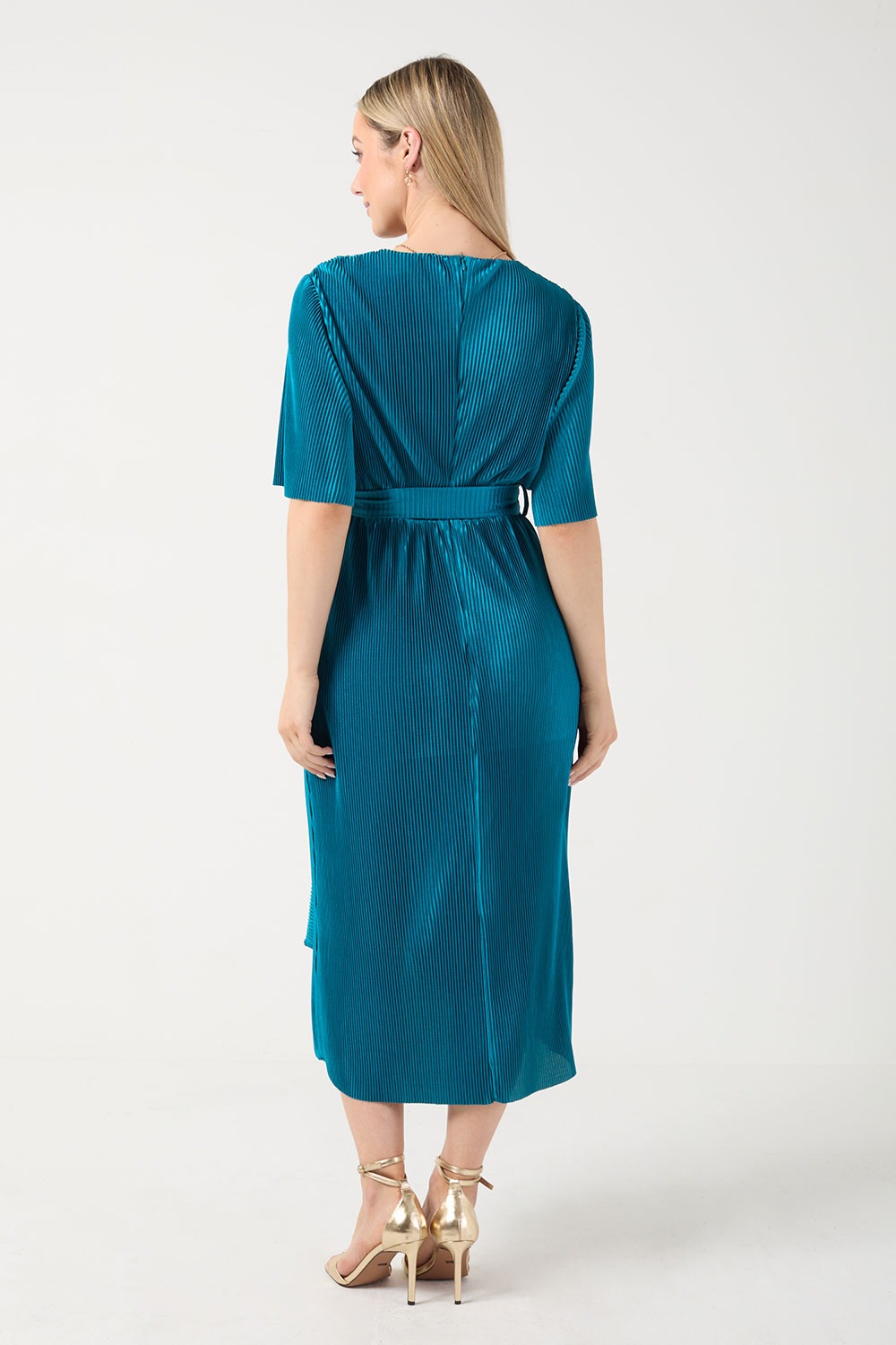 Kai Pleated Wrap Over Dress in Teal