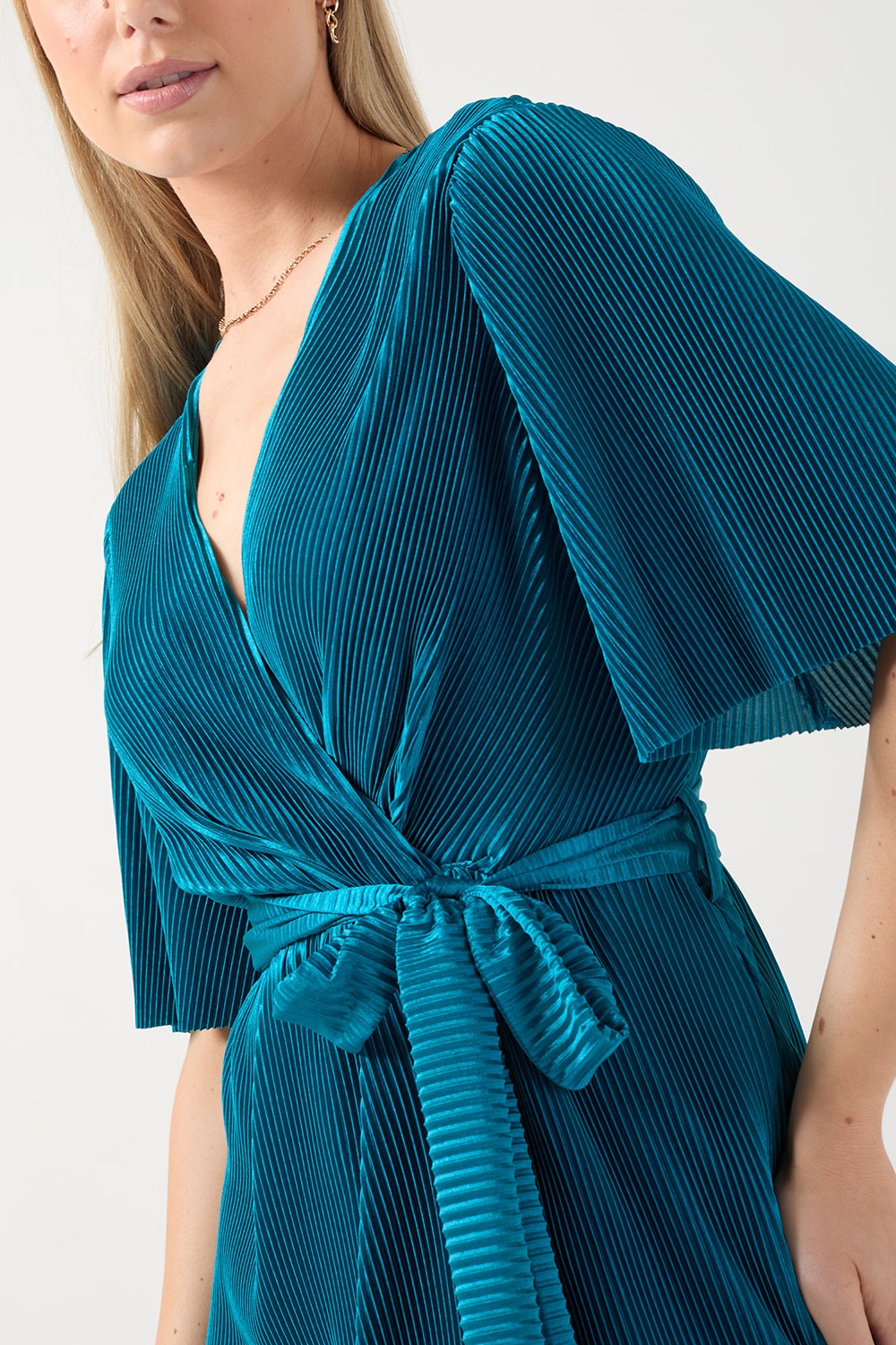 Kai Pleated Wrap Over Dress in Teal