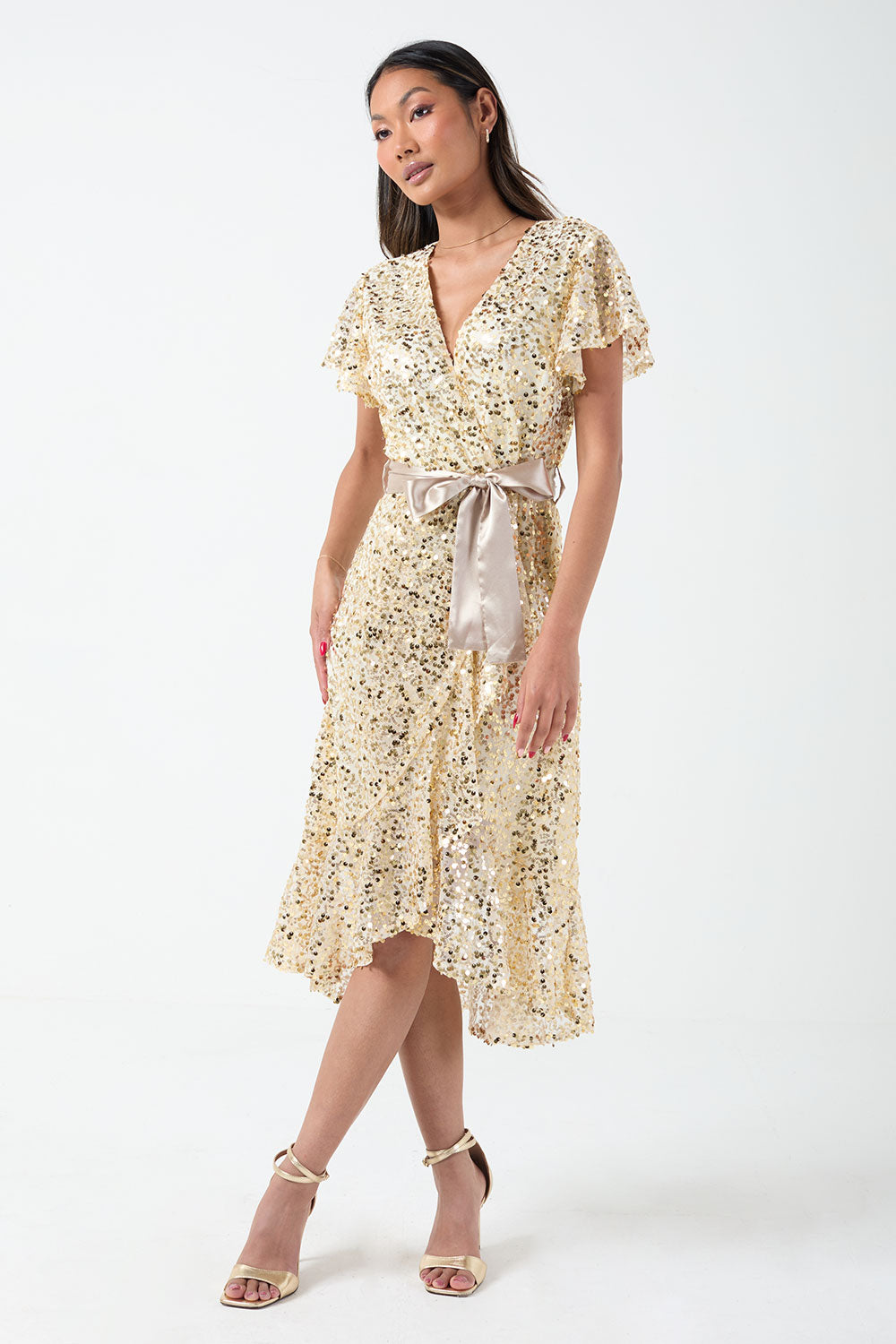 Jade Sequin Wrap Dress in Gold