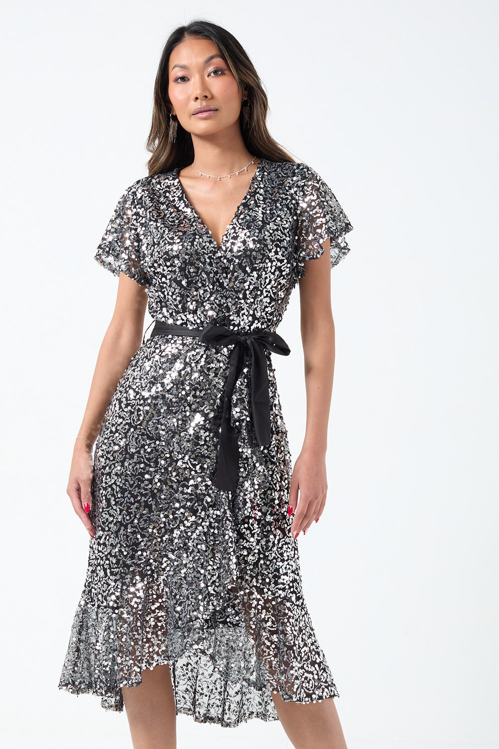 Jade Sequin Wrap Dress in Black