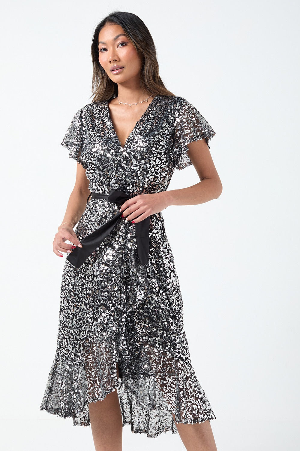 Jade Sequin Wrap Dress in Black