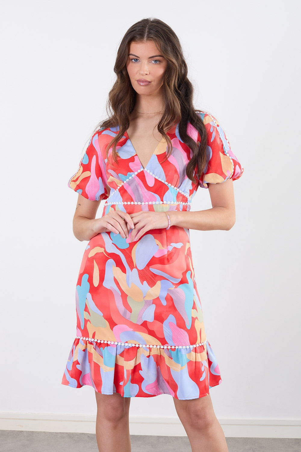 Leah Short Sleeve Printed Dress in Red