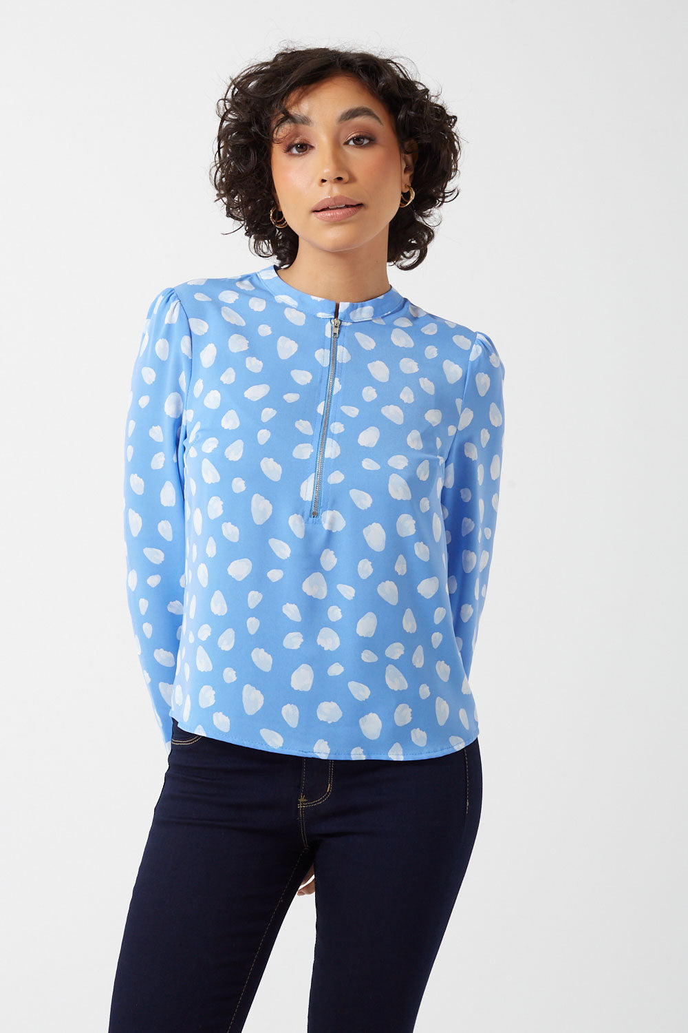 Maisa Long Sleeve Pebble Print Zip Top in Blue