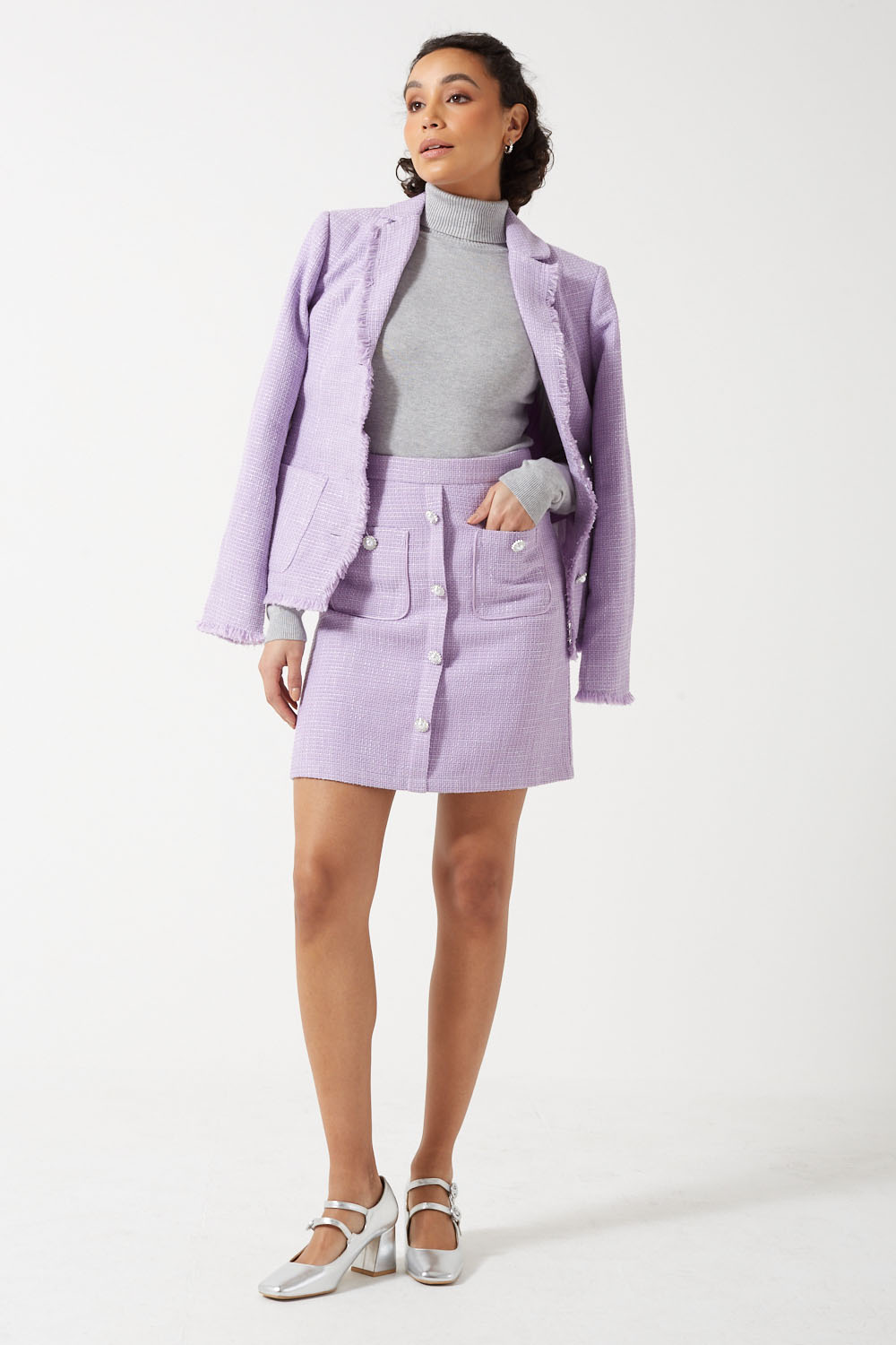 Blair Pearl Buttons Tweed Skirt in Lilac
