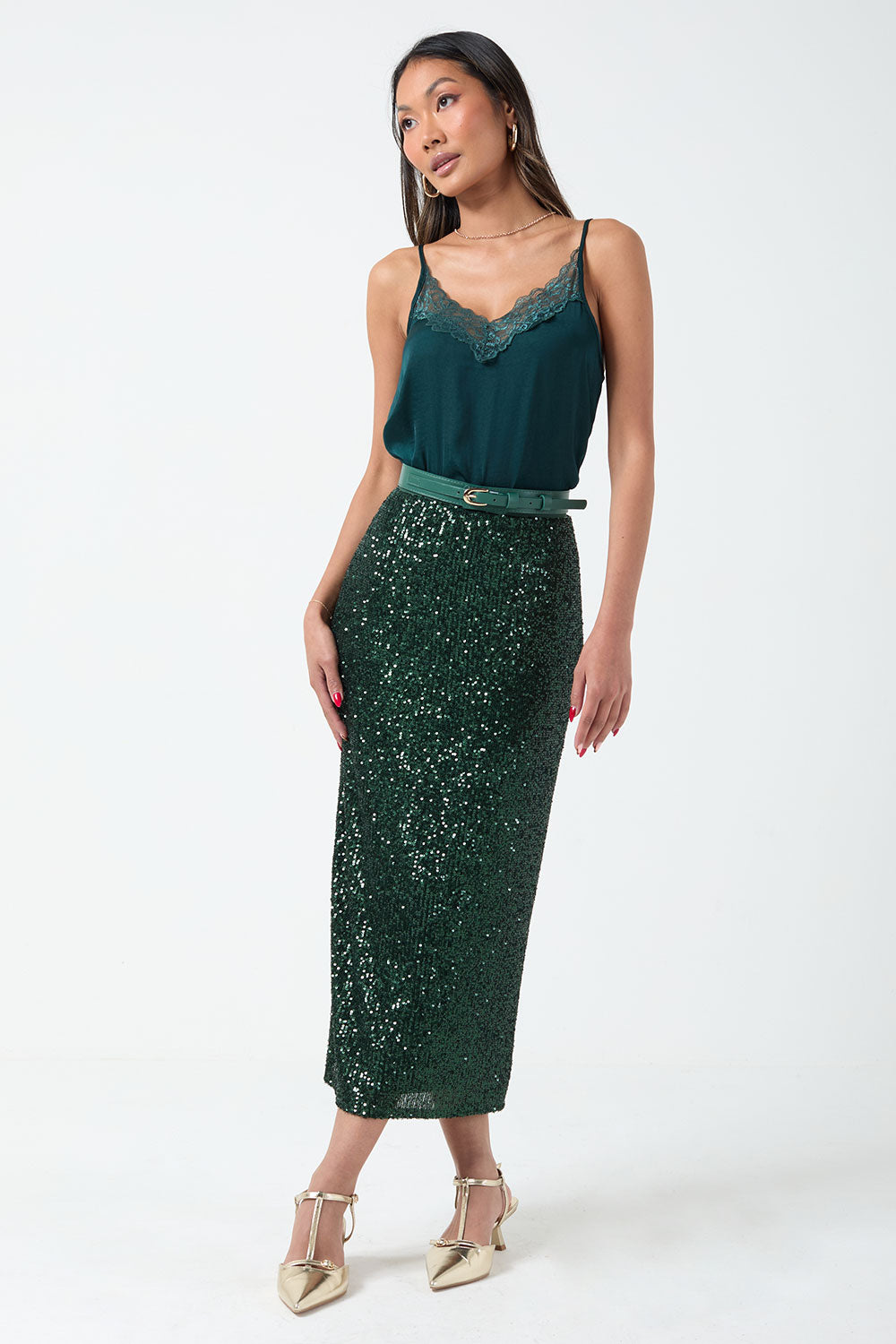 Katie Sequin Midi Skirt in Green