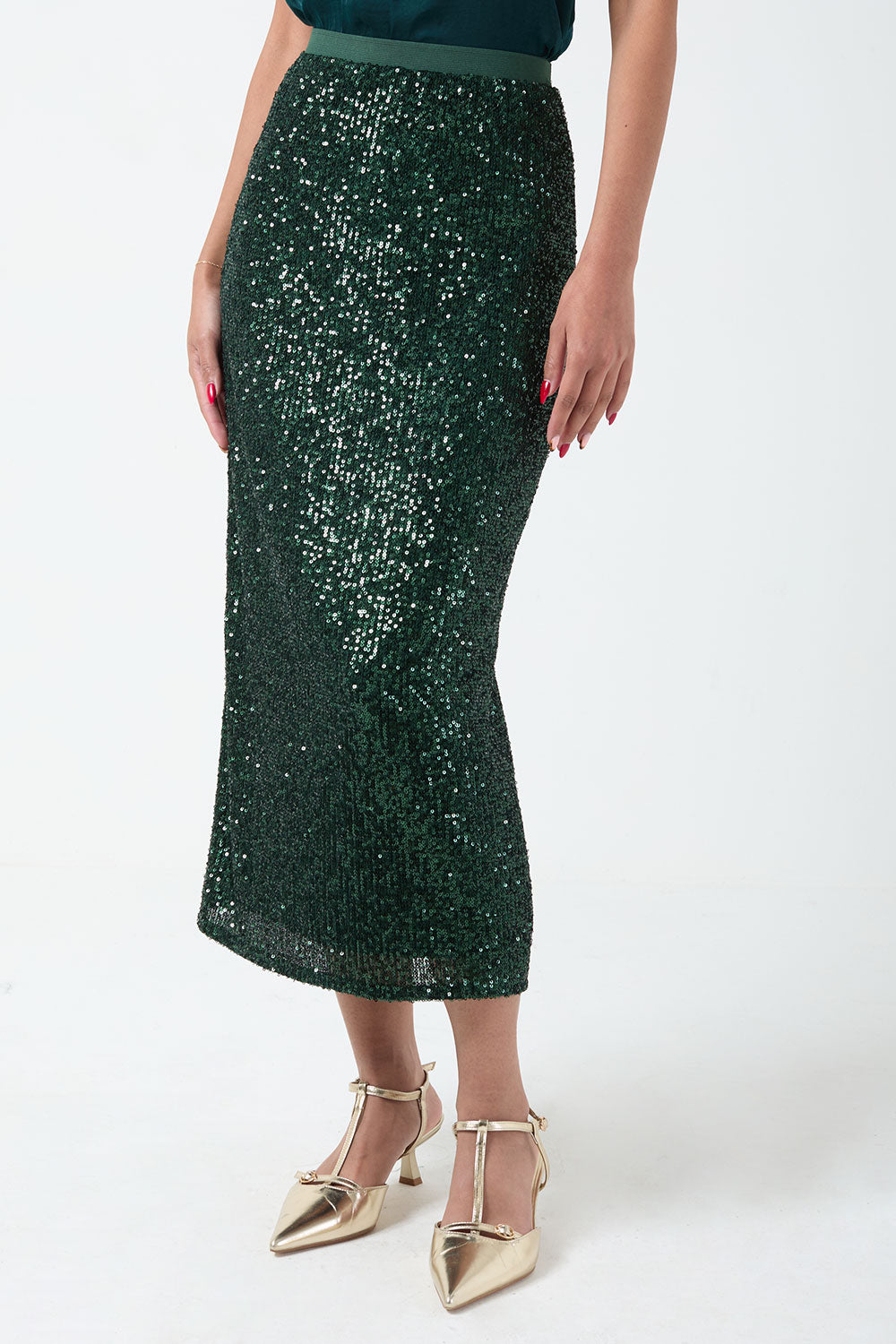 Katie Sequin Midi Skirt in Green