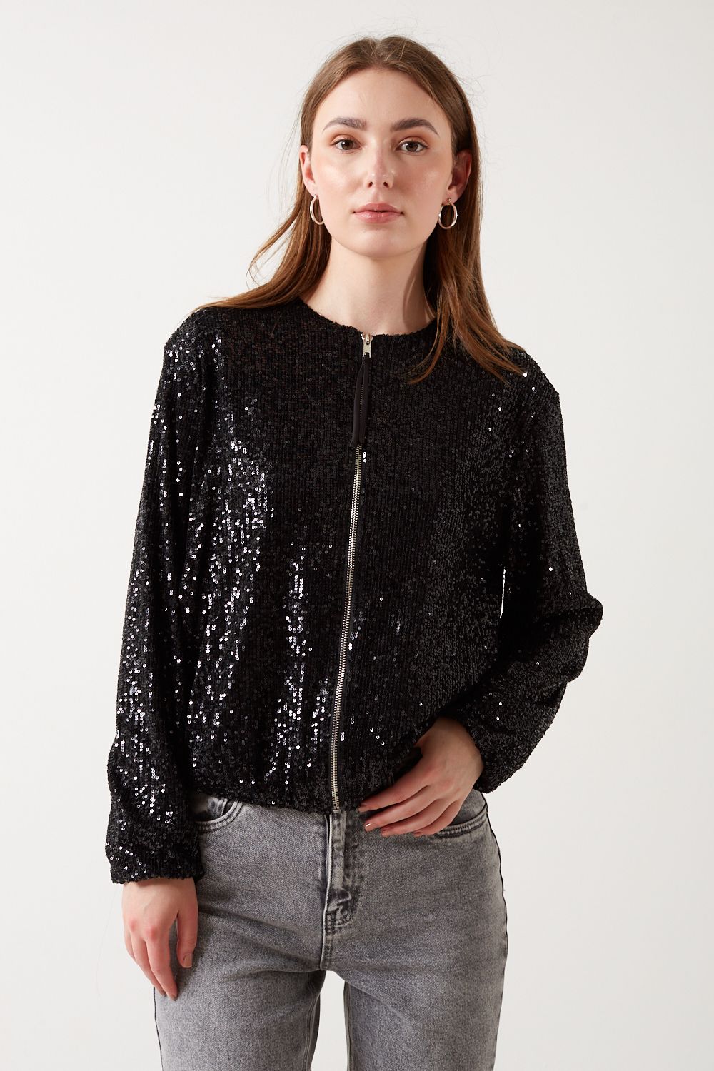Suzanne Sequin Bomber Jacket in Black