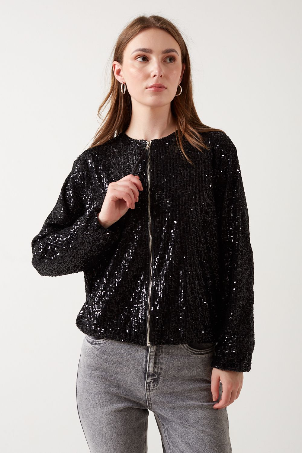 Suzanne Sequin Bomber Jacket in Black