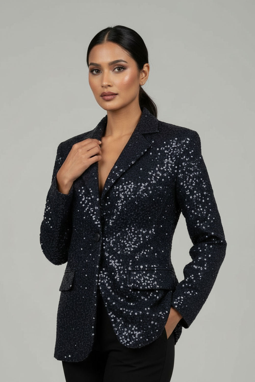 Maya Sequin Box Jacket in Navy