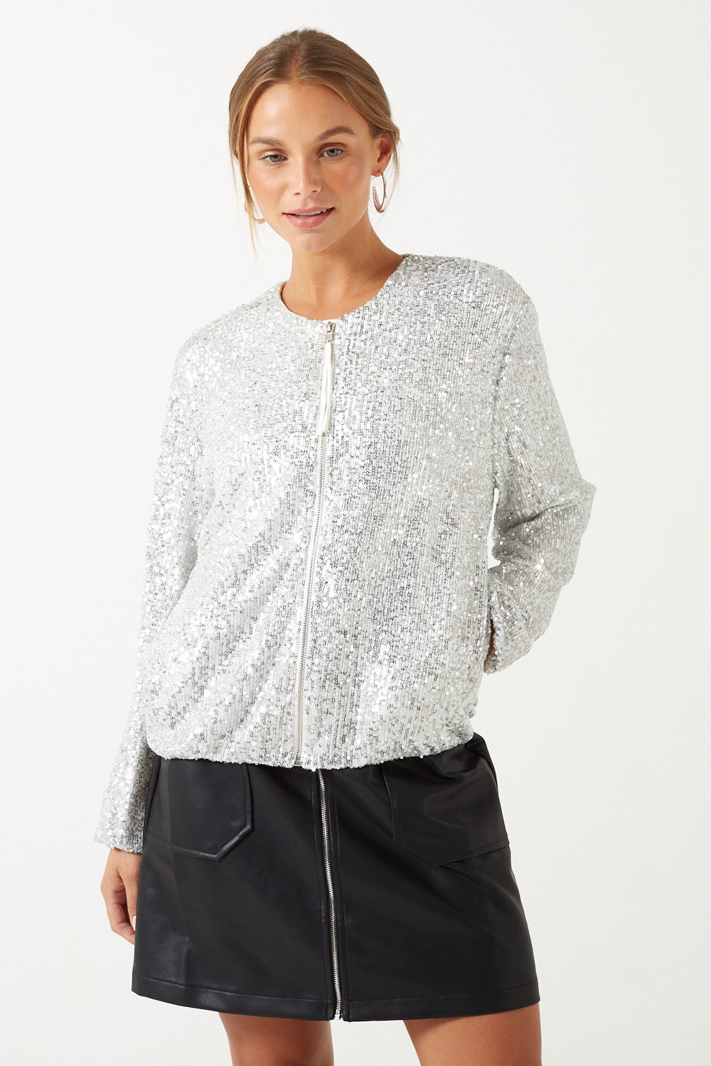 Suzanne Sequin Bomber Jacket in Silver
