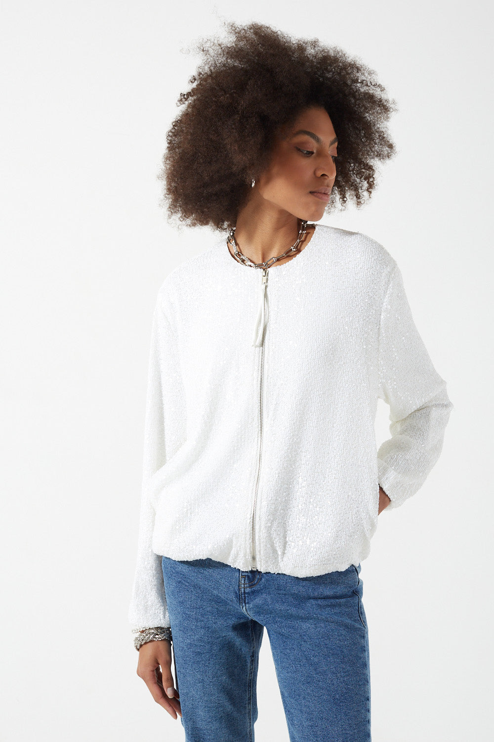 Suzanne Sequin Bomber Jacket in White