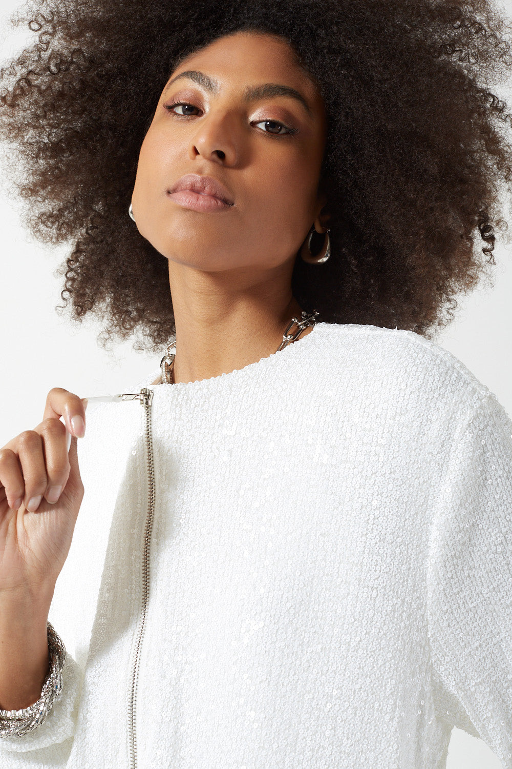 Suzanne Sequin Bomber Jacket in White