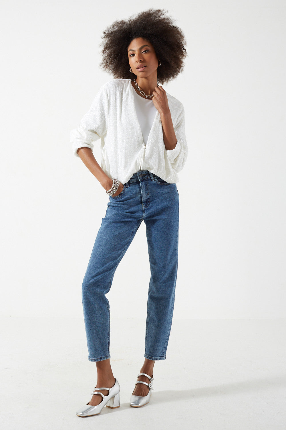 Suzanne Sequin Bomber Jacket in White