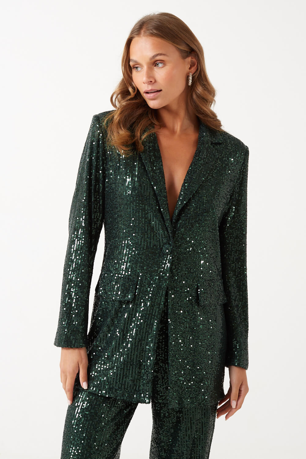 Chloe Padded Shoulders Sequin Blazer in Dark Green