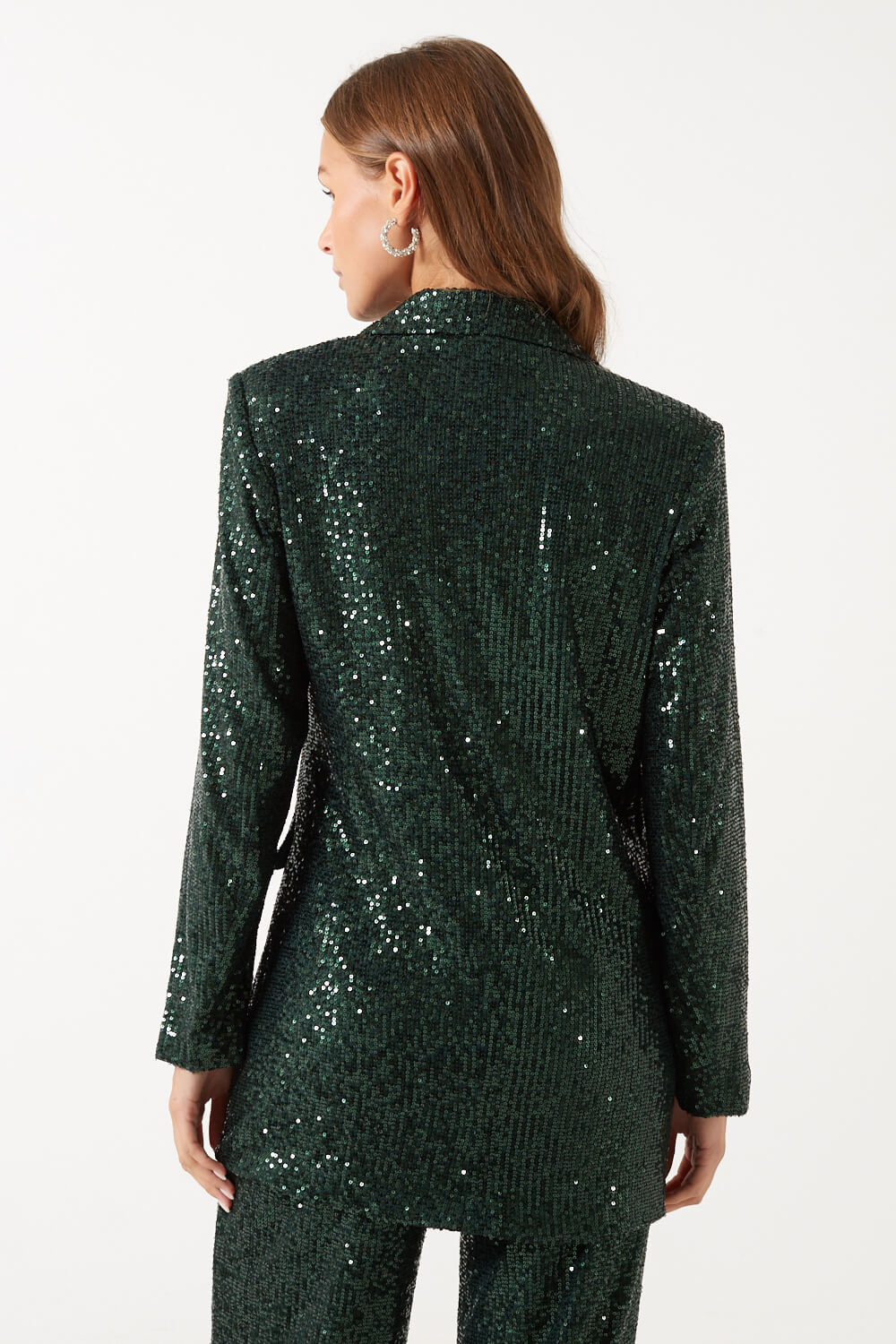 Chloe Padded Shoulders Sequin Blazer in Dark Green