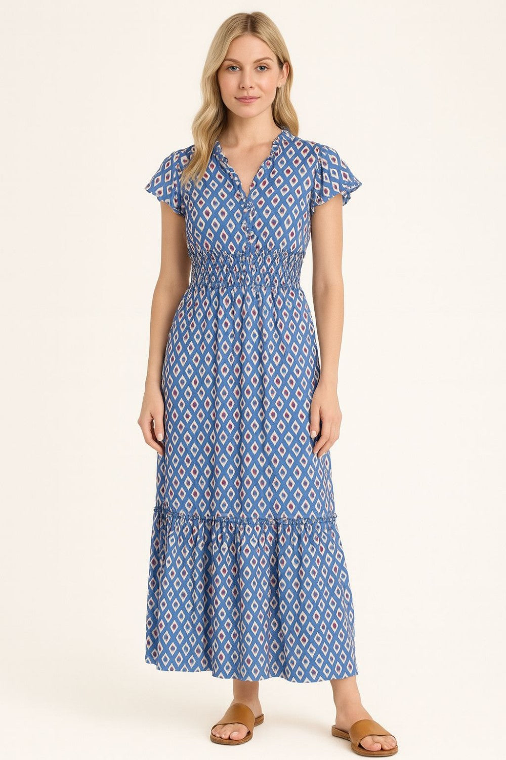 Natalie Printed Smock Dress in Blue