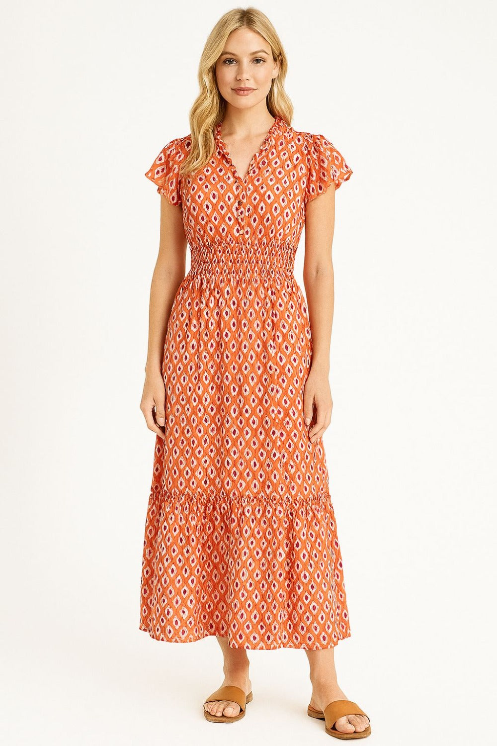 Natalie Printed Smock Dress in Orange
