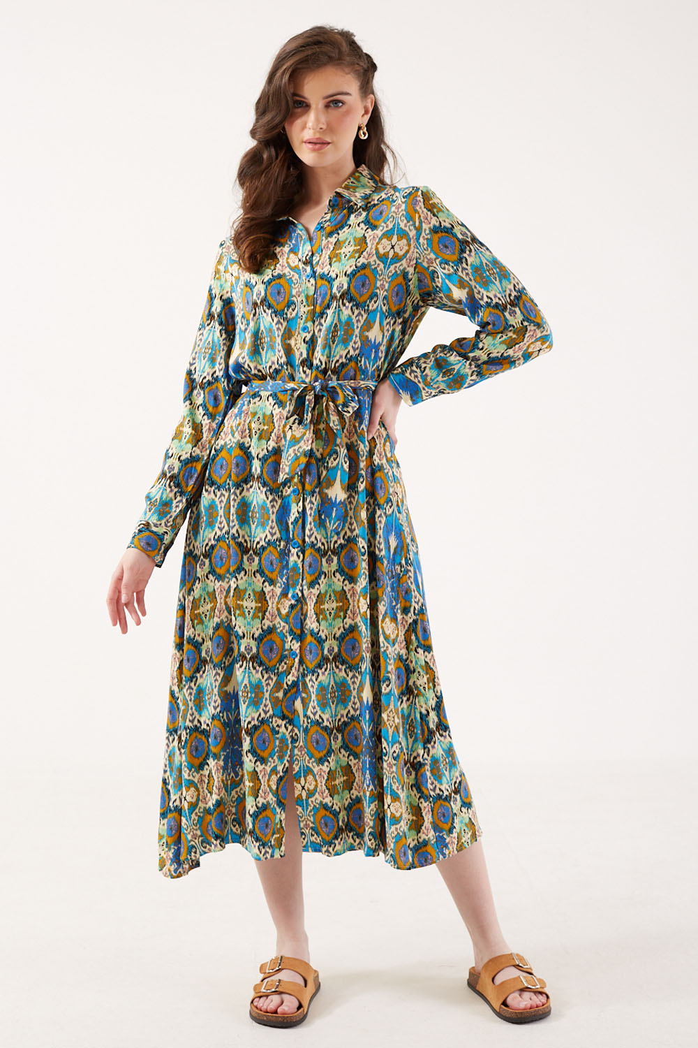 Sammy Abstract Print Collared Shirt Midi Dress in Blue