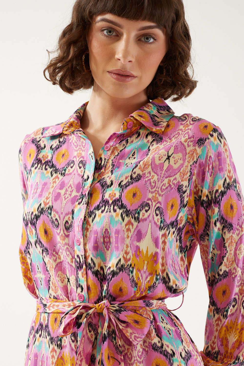 Sammy Abstract Print Collared Shirt Midi Dress in Pink