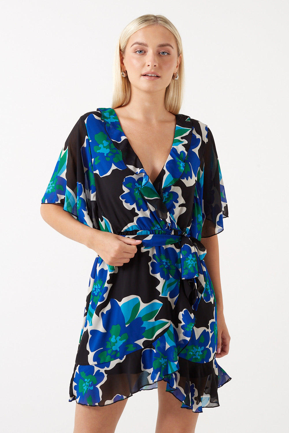 Bella Ruffle Printed Short Dress in Blue