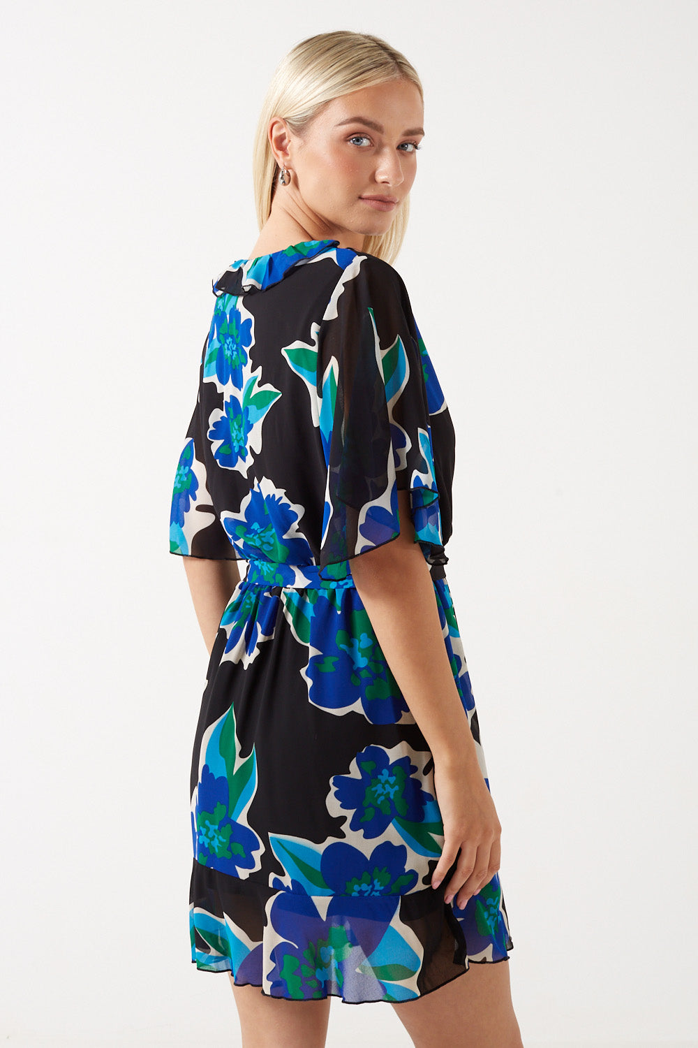 Bella Ruffle Printed Short Dress in Blue