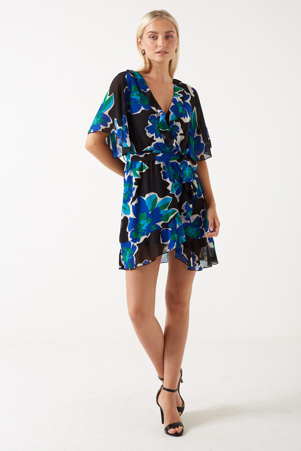 Bella Ruffle Printed Short Dress in Blue
