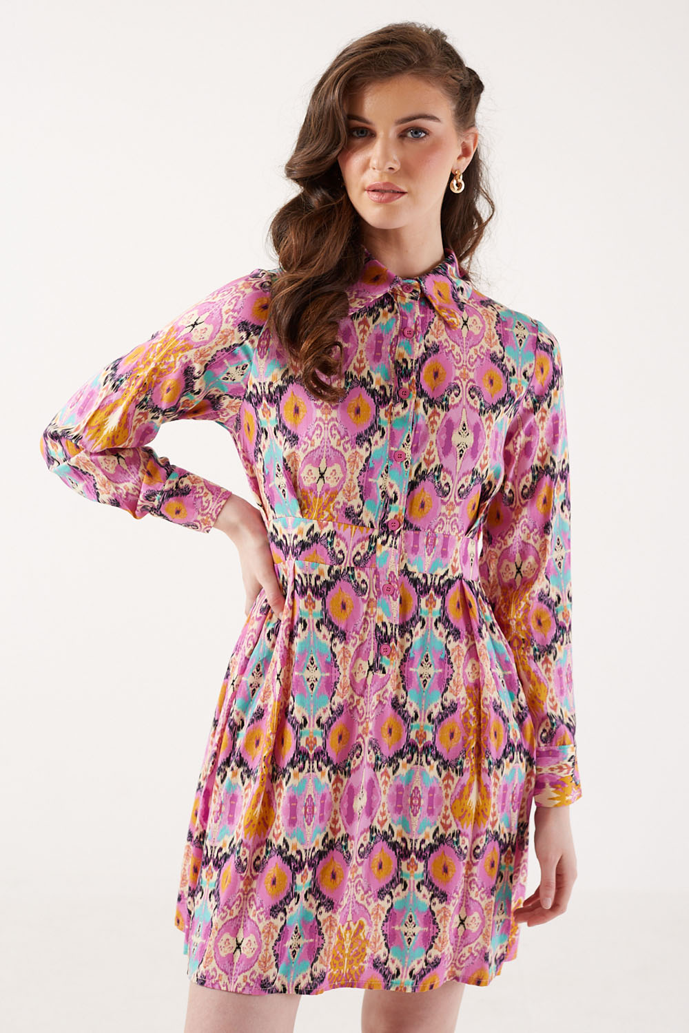 Sally Abstract Print Collared Short Dress in Pink