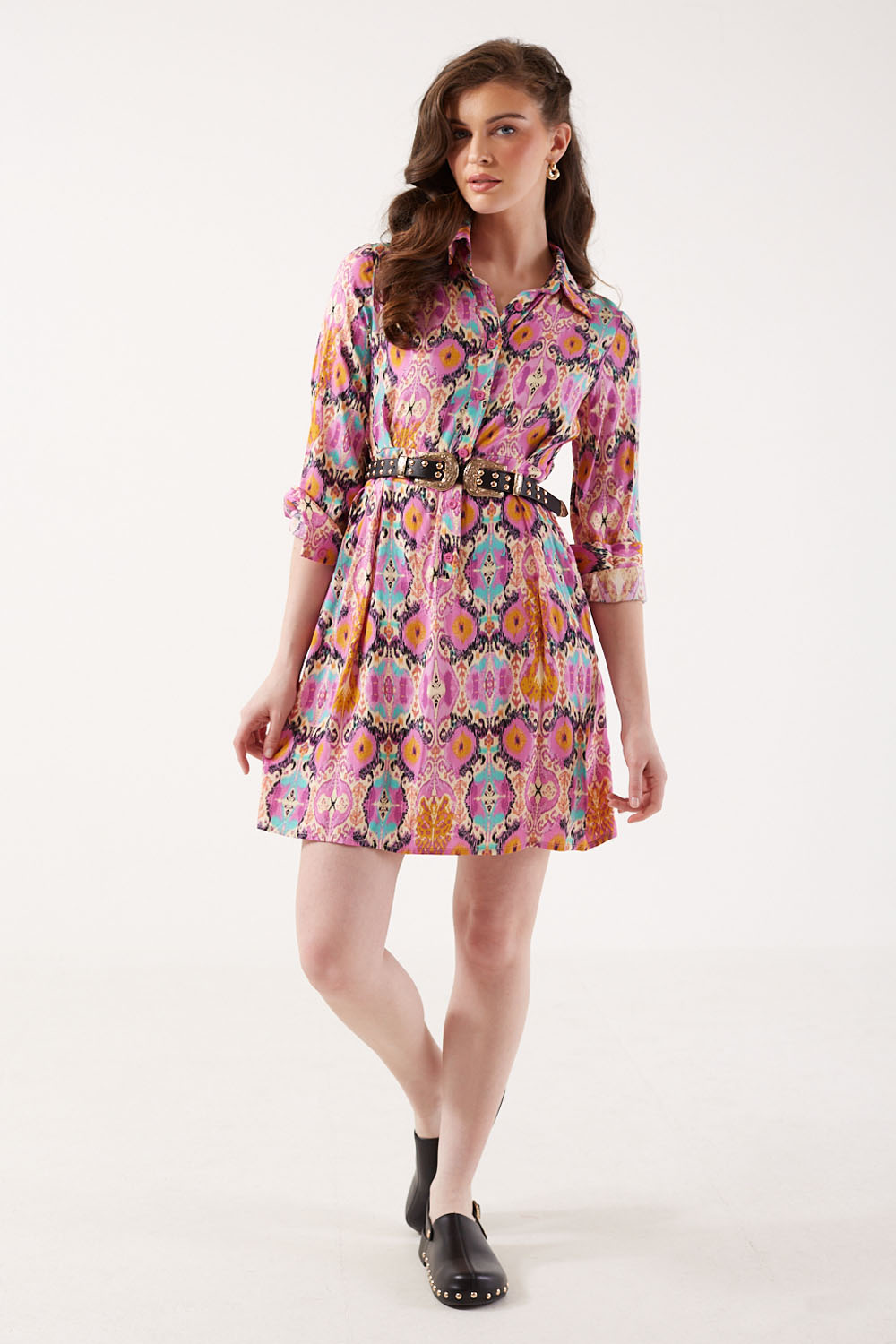 Sally Abstract Print Collared Short Dress in Pink