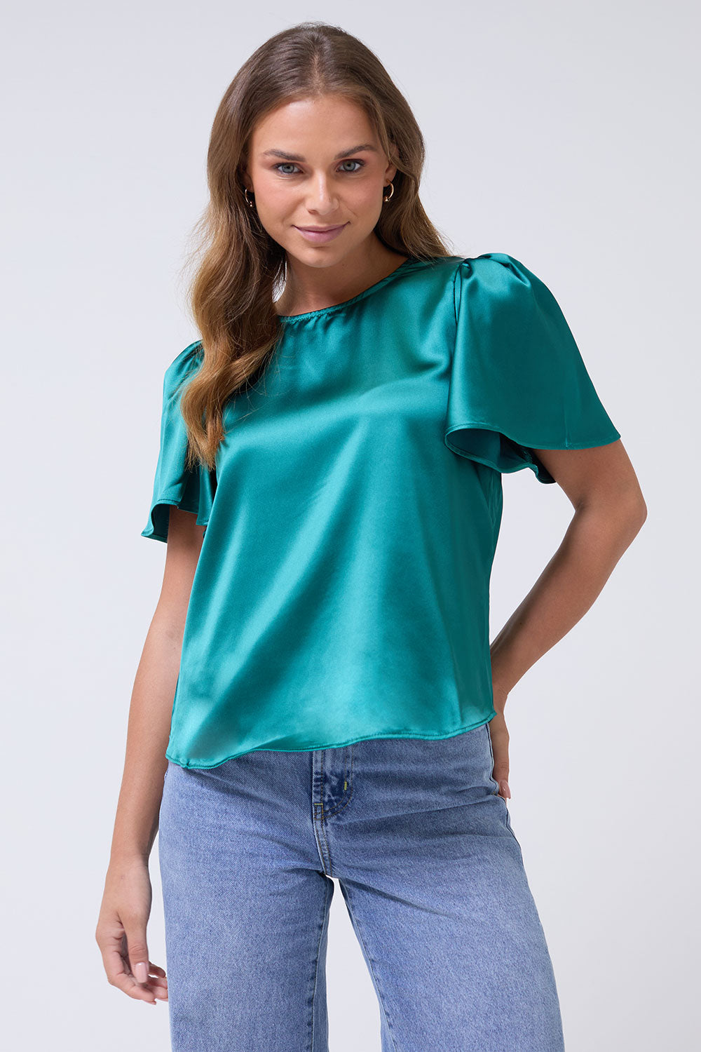 Annie Satin Short Sleeve Top in Bottle Green