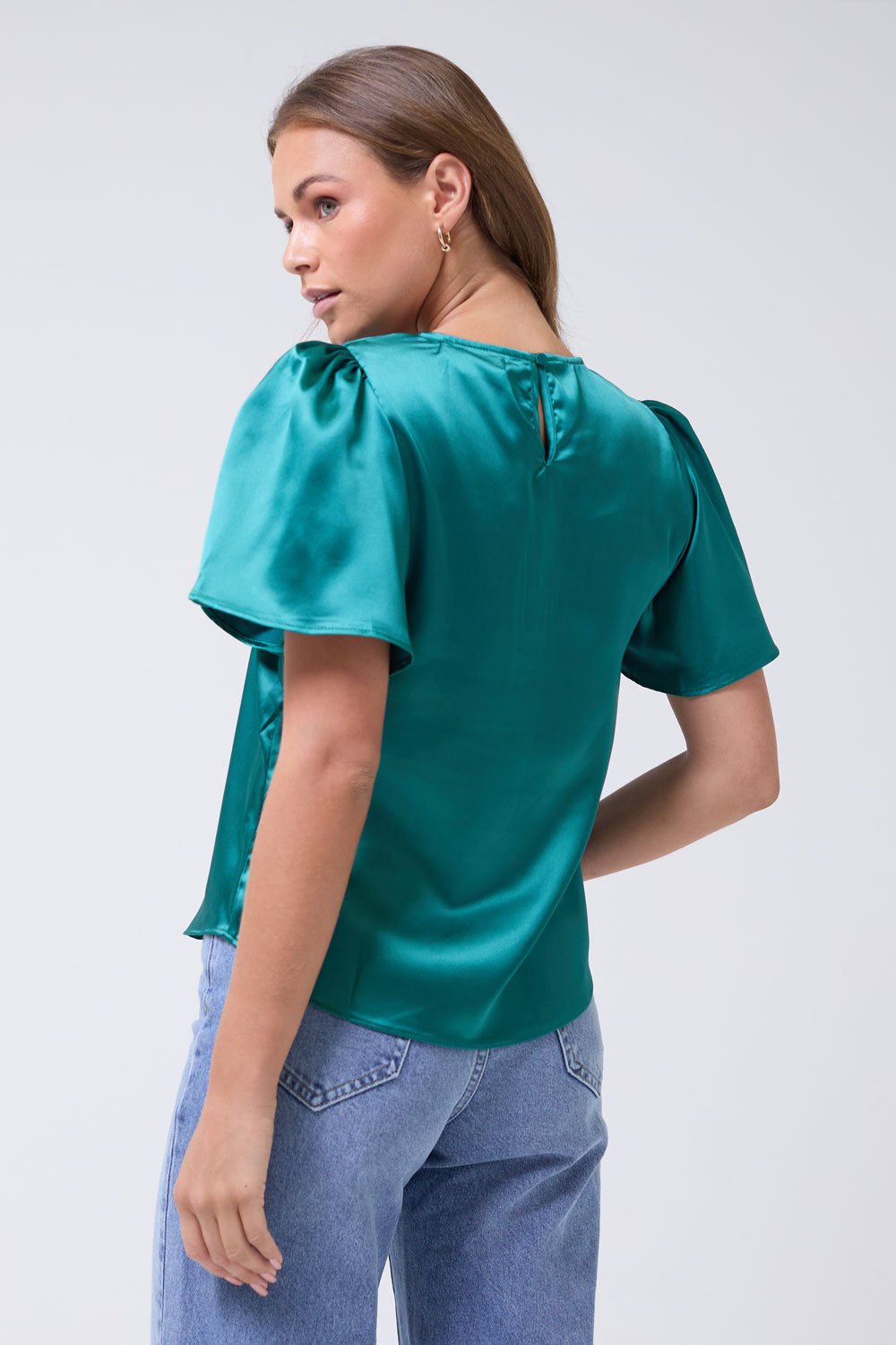 Annie Satin Short Sleeve Top in Bottle Green