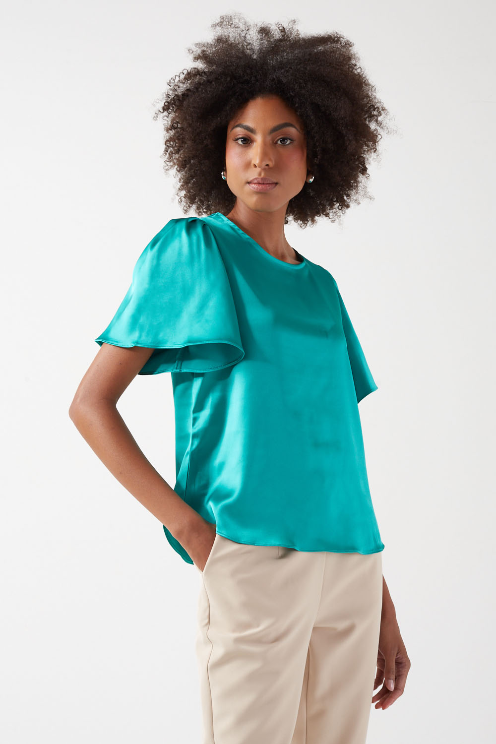 Annie Satin Short Sleeve Top in Green