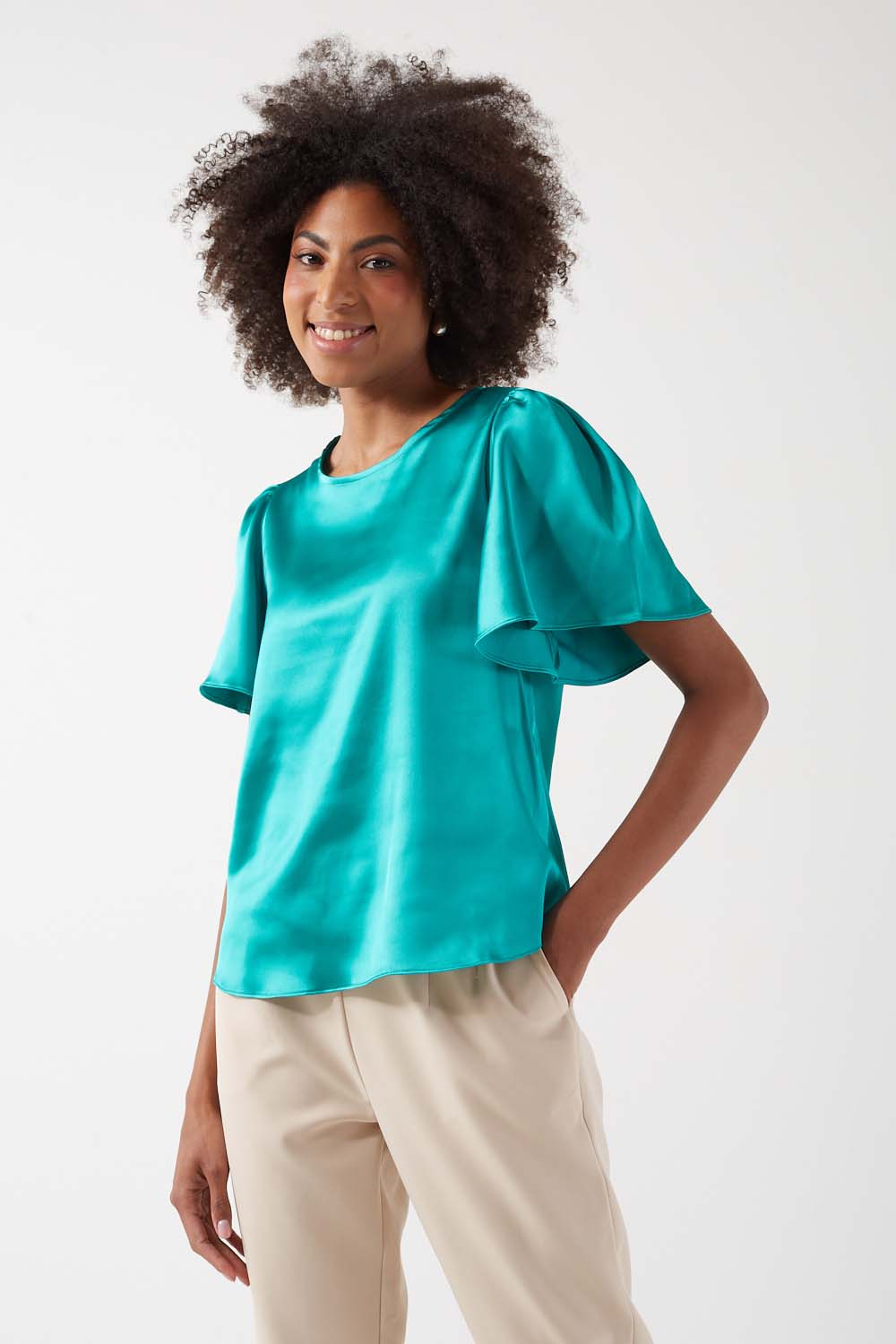 Annie Satin Short Sleeve Top in Green