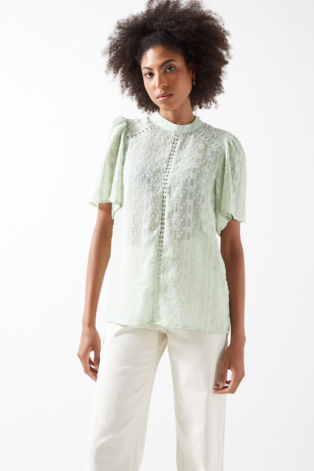 Bella Polka Dot Texture Short Sleeve Top in Green