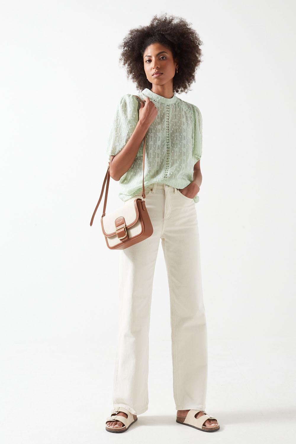 Bella Polka Dot Texture Short Sleeve Top in Green