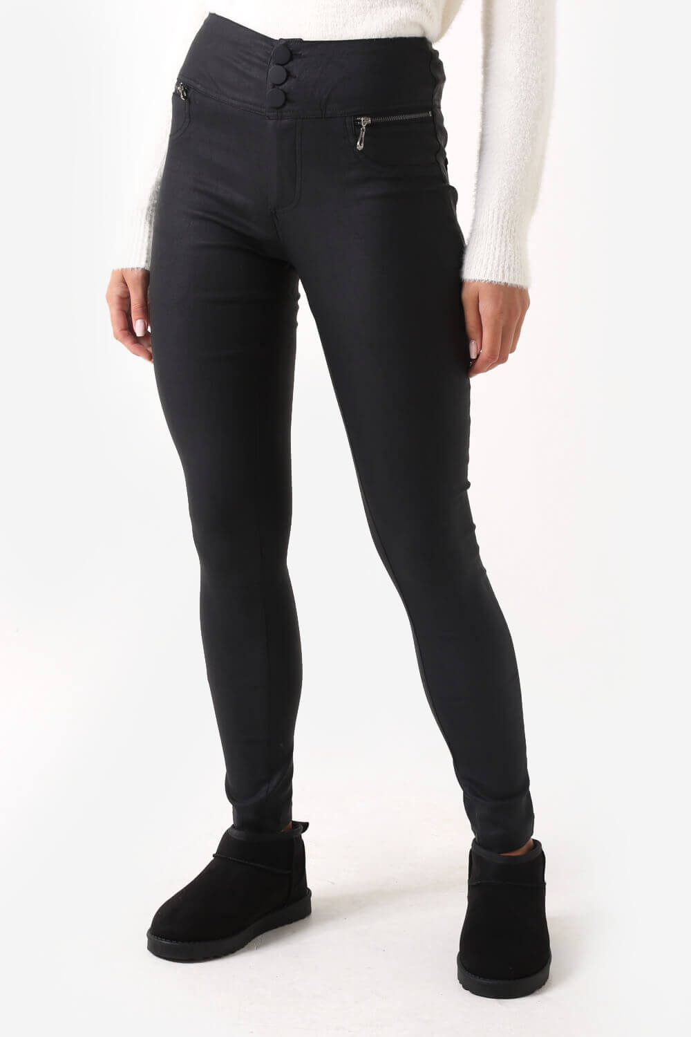 Margo Black Button High Waist Coated Trousers in Black