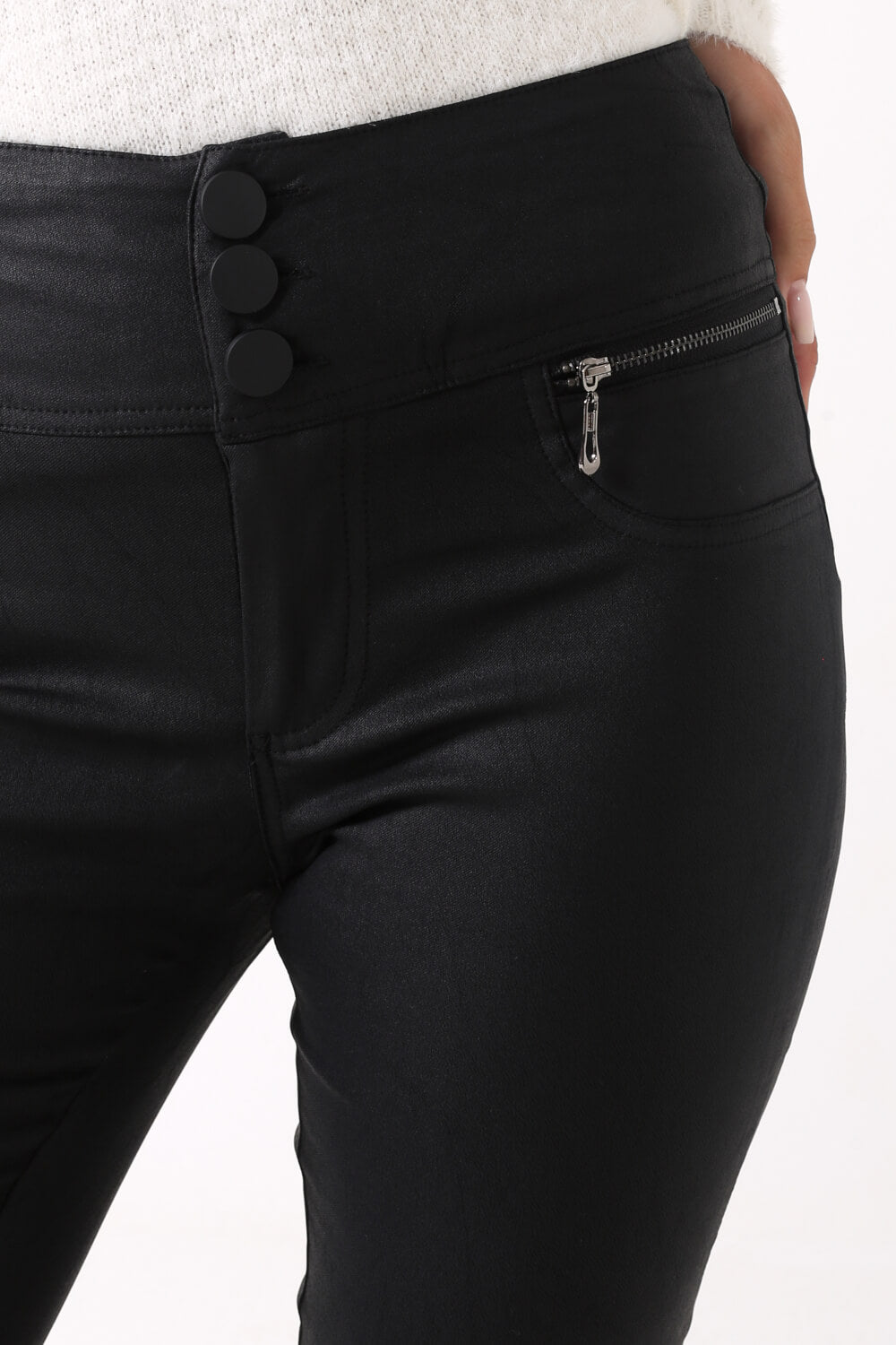 Margo Black Button High Waist Coated Trousers in Black