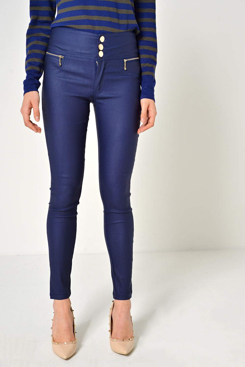 Margo High Waist Coated Trousers in Navy