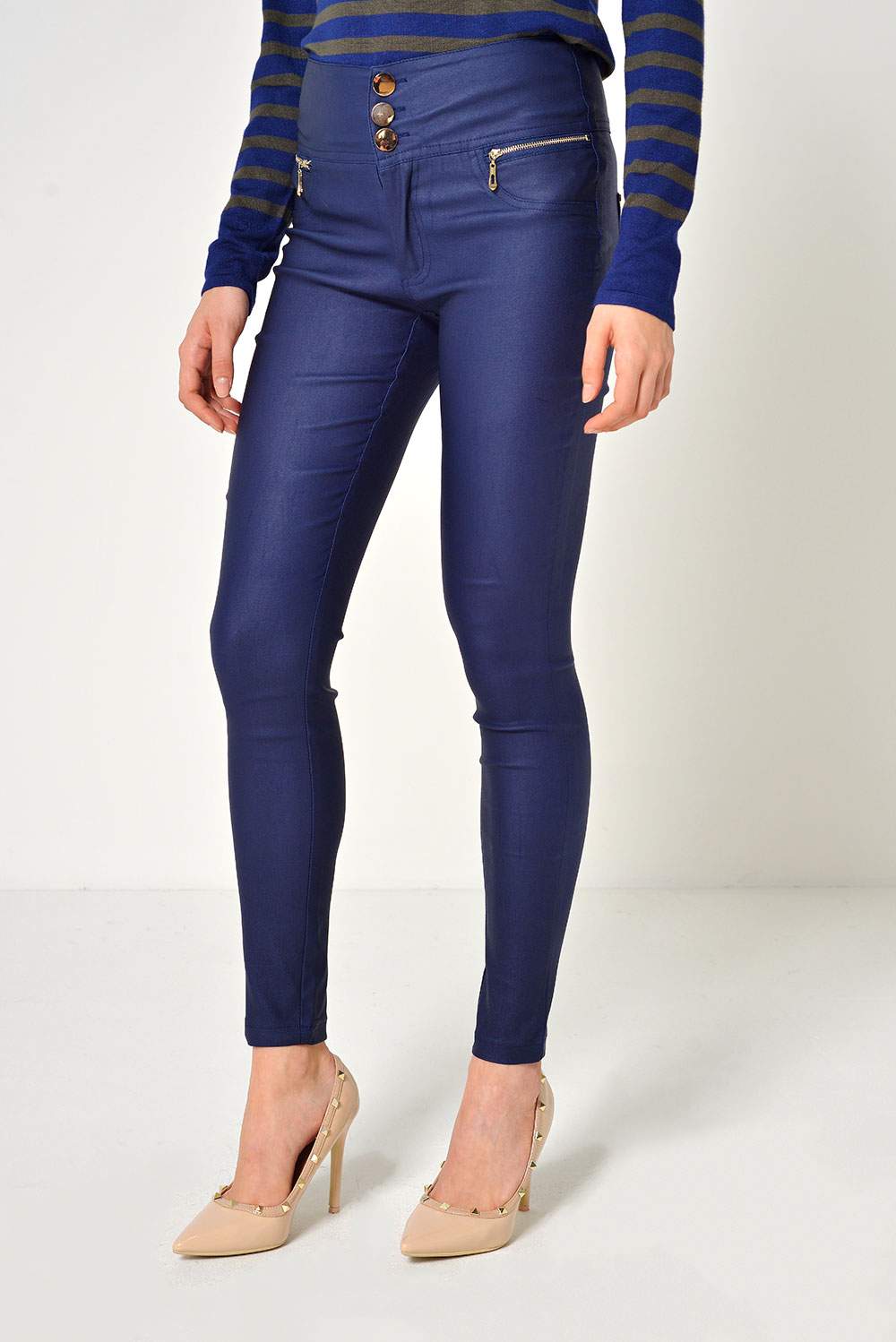 Margo High Waist Coated Trousers in Navy