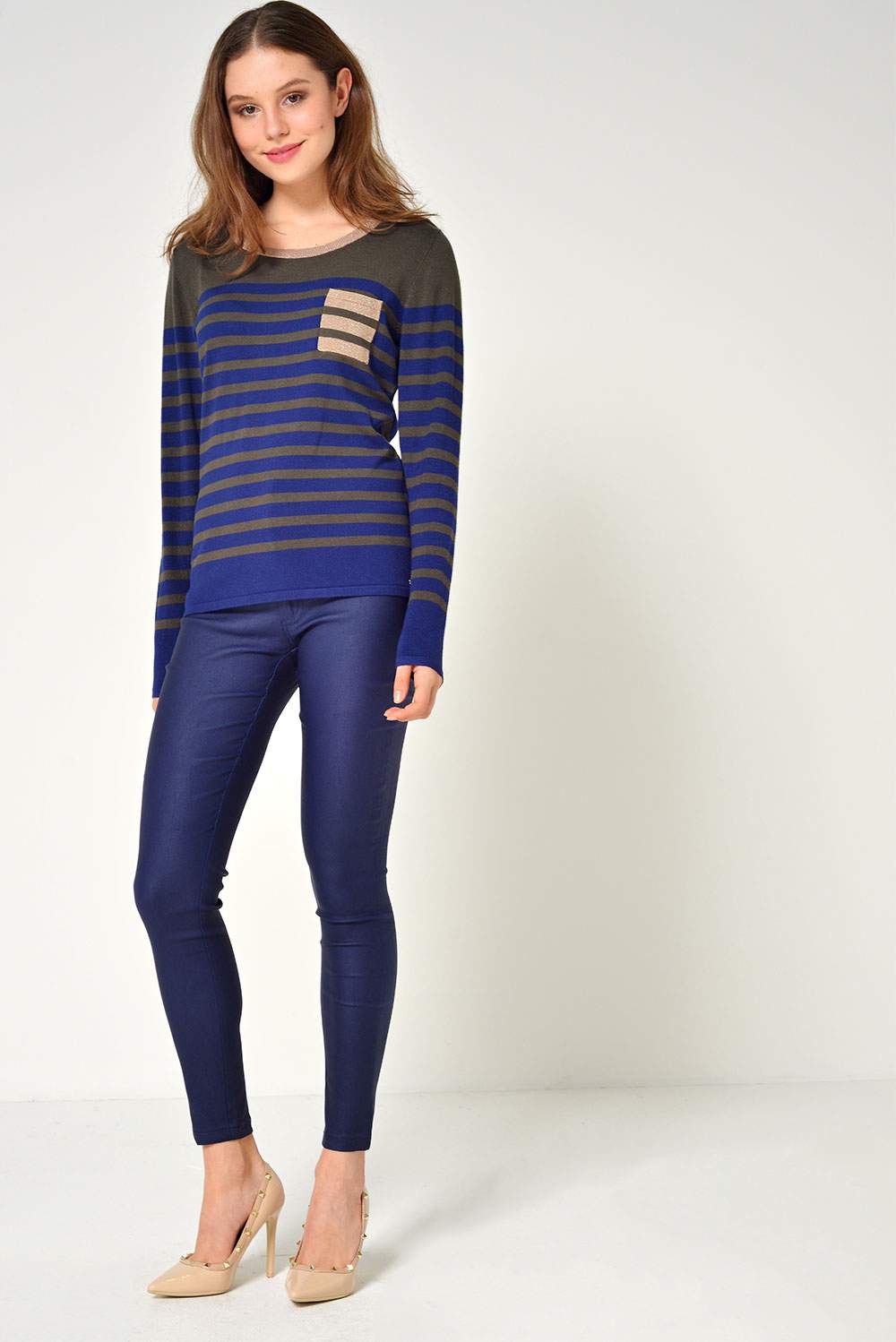 Margo High Waist Coated Trousers in Navy